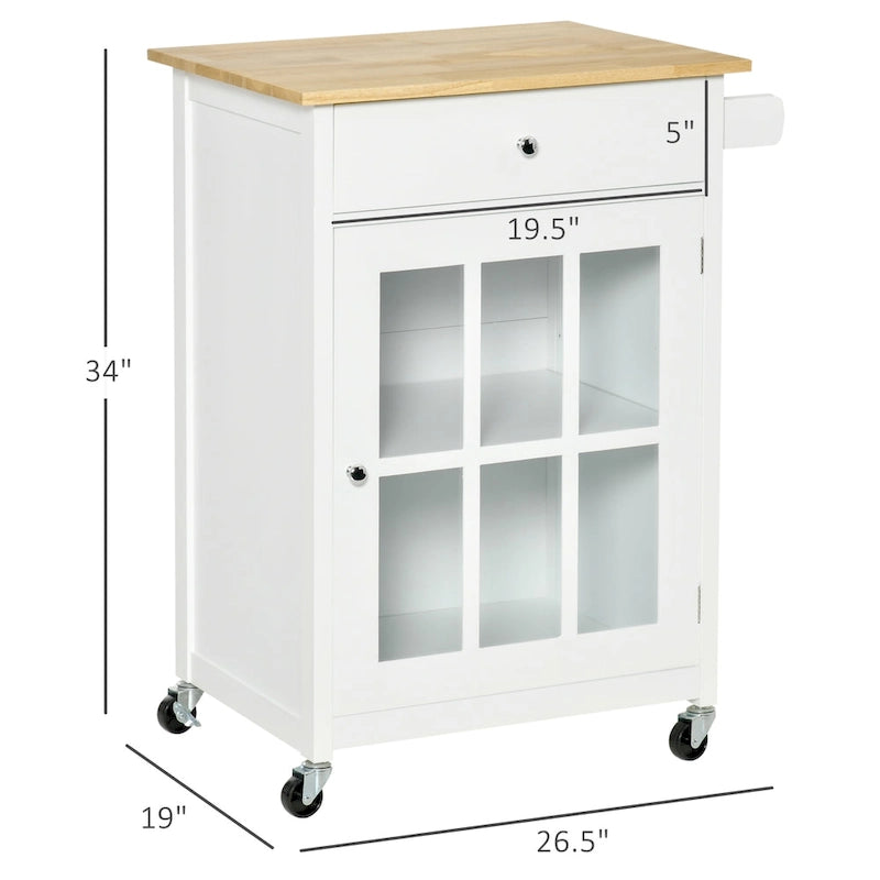 Desserte de cuisine roulante avec tiroir, armoire à porte vitrée et porte-serviettes