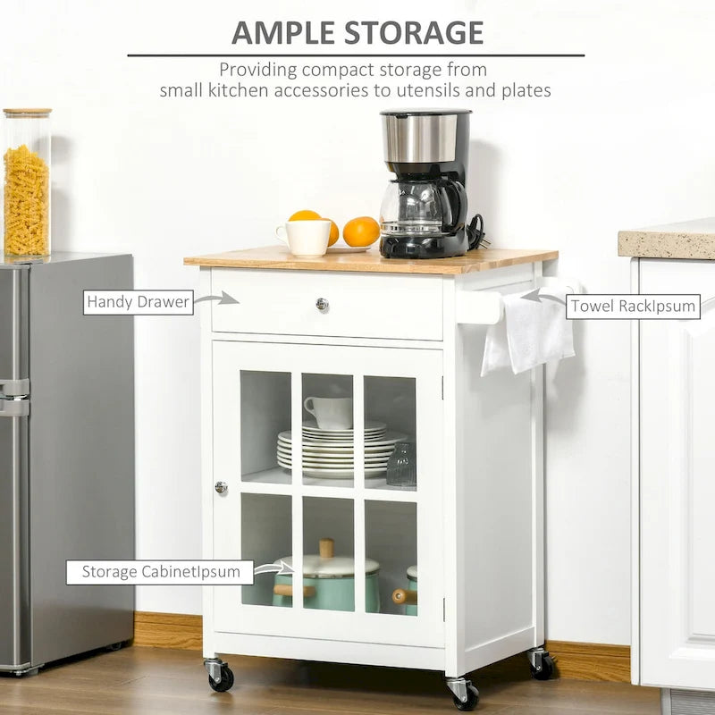 Desserte de cuisine roulante avec tiroir, armoire à porte vitrée et porte-serviettes
