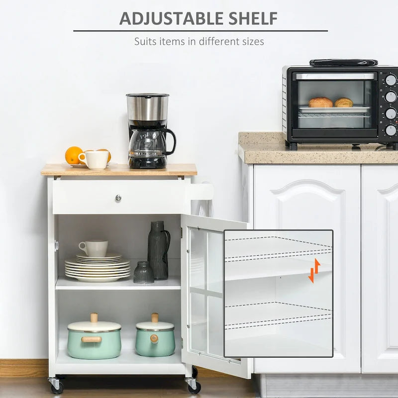 Desserte de cuisine roulante avec tiroir, armoire à porte vitrée et porte-serviettes