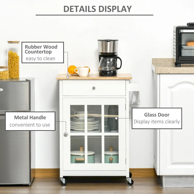 Desserte de cuisine roulante avec tiroir, armoire à porte vitrée et porte-serviettes