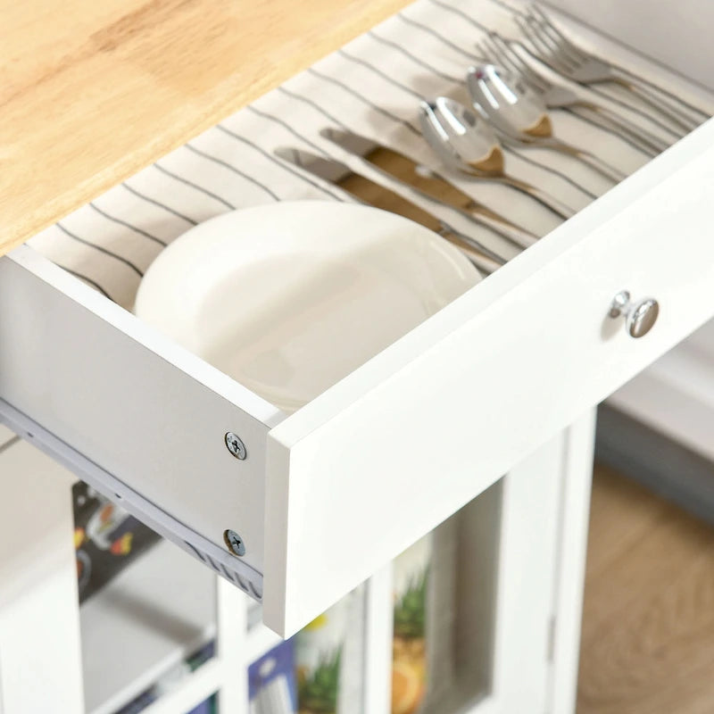 Desserte de cuisine roulante avec tiroir, armoire à porte vitrée et porte-serviettes