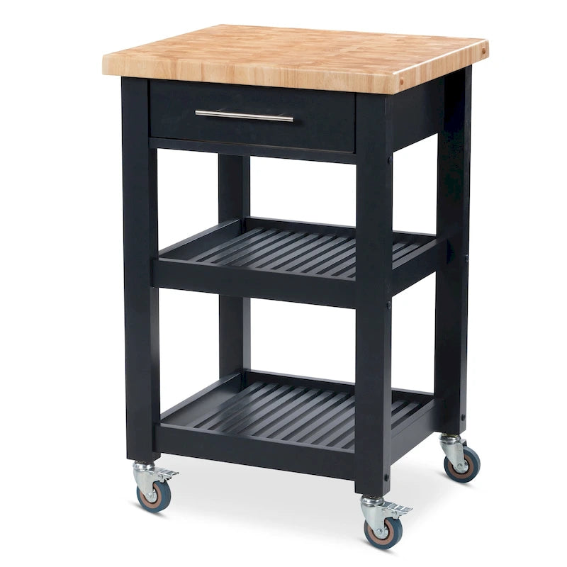 Chariot de cuisine compact avec plateau en bois de bout d'hévéa, 2 étagères et un tiroir