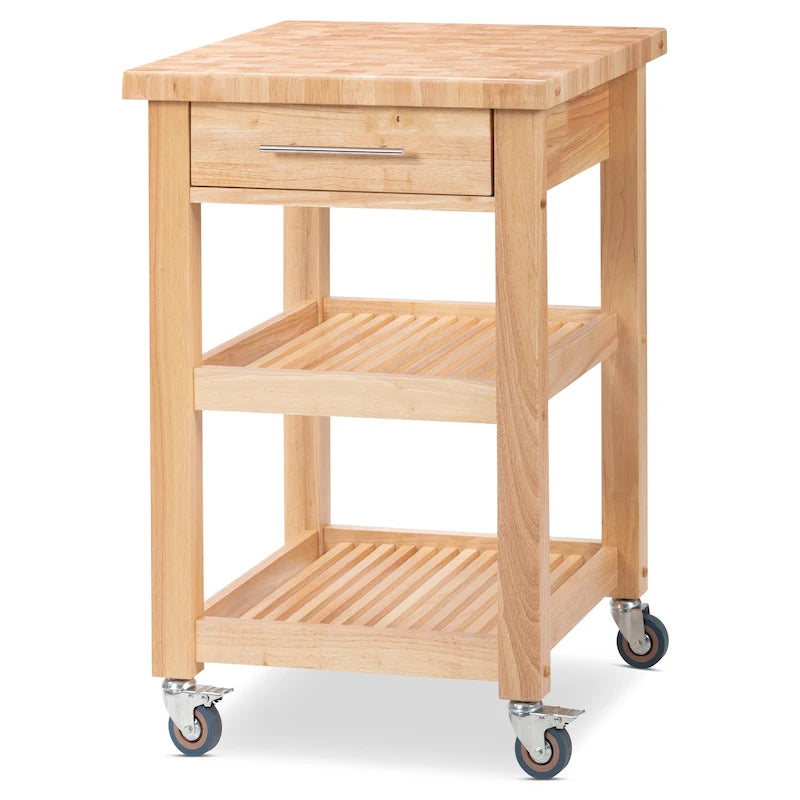 Chariot de cuisine compact avec plateau en bois de bout d'hévéa, 2 étagères et un tiroir
