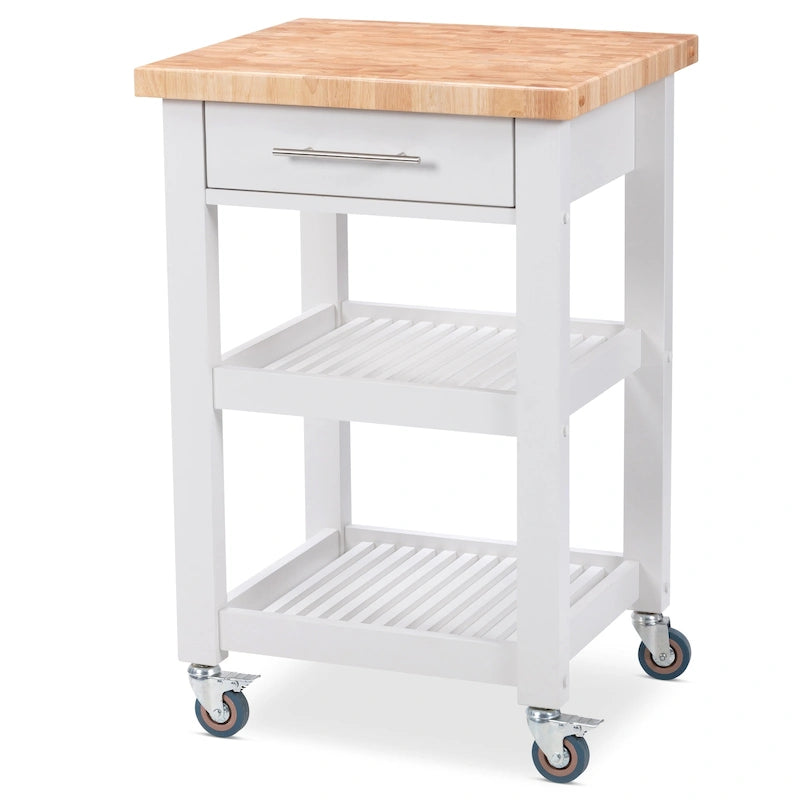 Chariot de cuisine compact avec plateau en bois de bout d'hévéa, 2 étagères et un tiroir