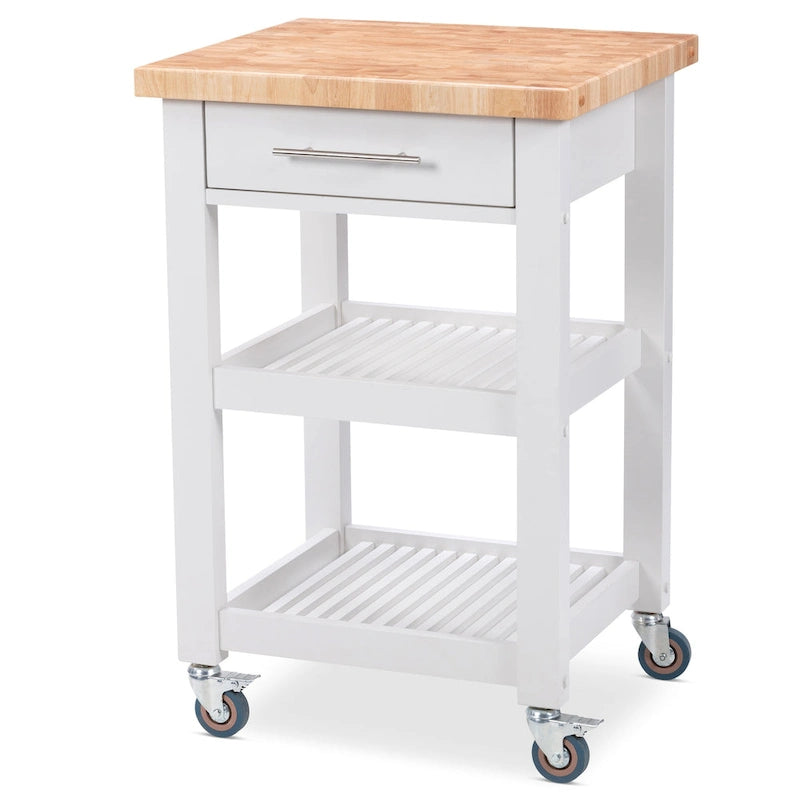 Chariot de cuisine compact avec plateau en bois de bout d'hévéa, 2 étagères et un tiroir