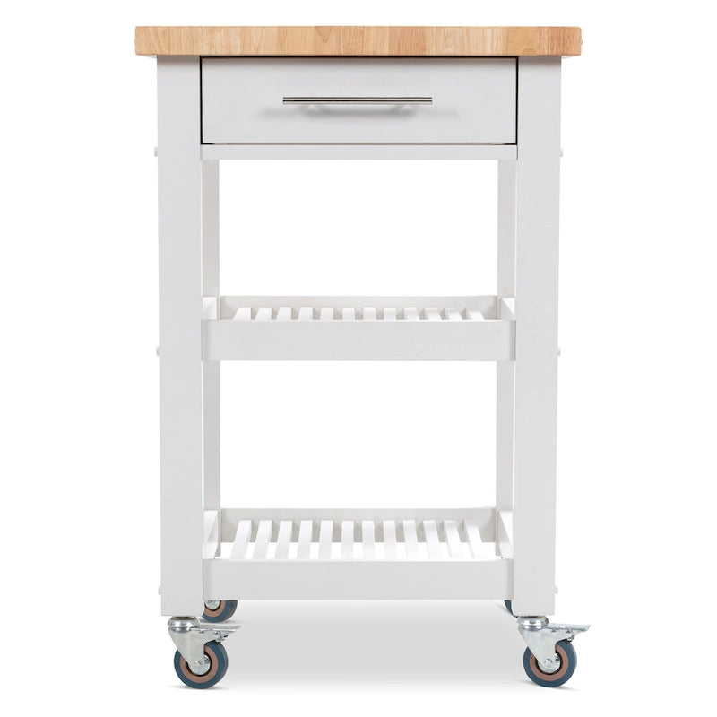 Chariot de cuisine compact avec plateau en bois de bout d'hévéa, 2 étagères et un tiroir