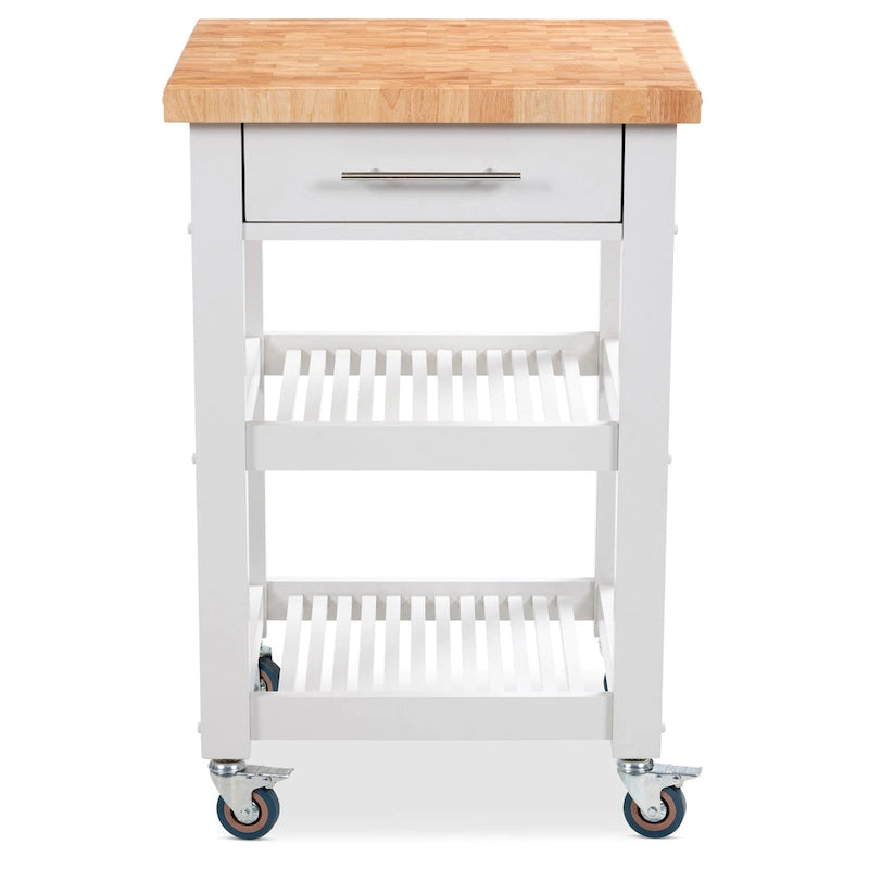 Chariot de cuisine compact avec plateau en bois de bout d'hévéa, 2 étagères et un tiroir