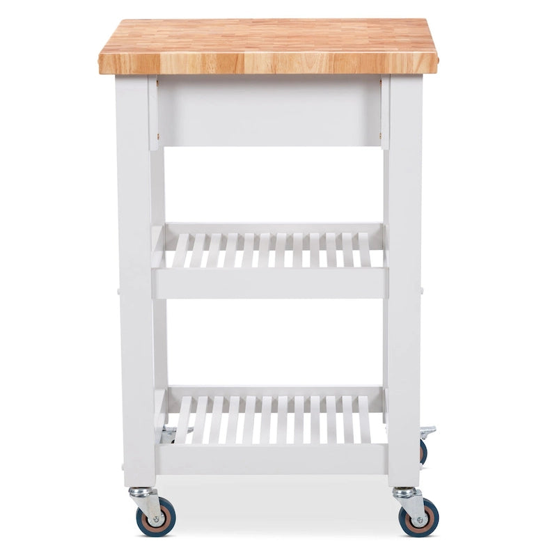 Chariot de cuisine compact avec plateau en bois de bout d'hévéa, 2 étagères et un tiroir