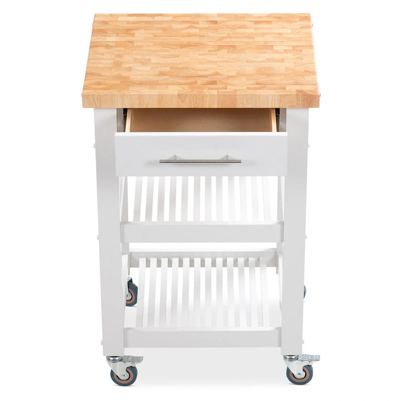 Chariot de cuisine compact avec plateau en bois de bout d'hévéa, 2 étagères et un tiroir