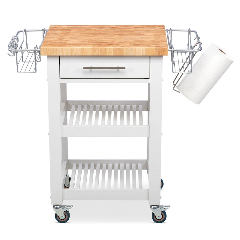 Chariot de cuisine compact avec plateau en bois de bout d'hévéa, 2 étagères et un tiroir