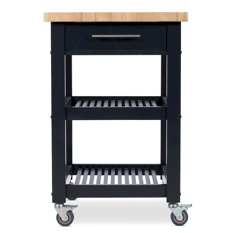 Chariot de cuisine compact avec plateau en bois de bout d'hévéa, 2 étagères et un tiroir