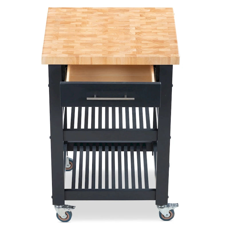 Chariot de cuisine compact avec plateau en bois de bout d'hévéa, 2 étagères et un tiroir