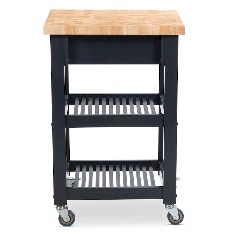 Chariot de cuisine compact avec plateau en bois de bout d'hévéa, 2 étagères et un tiroir
