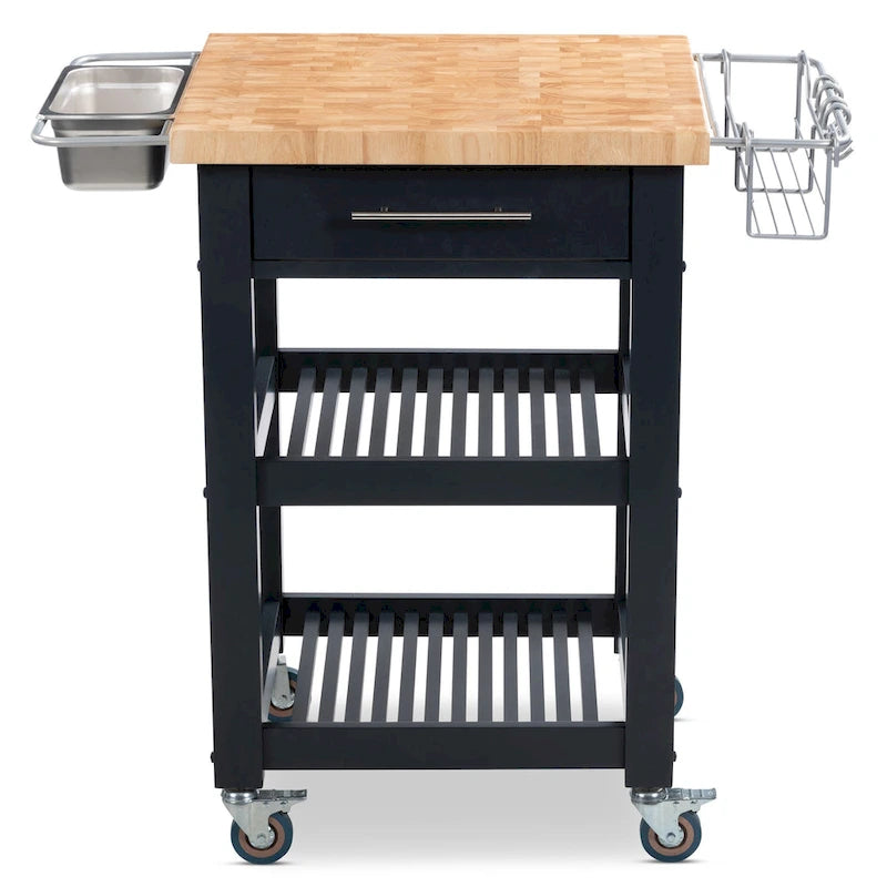 Chariot de cuisine compact avec plateau en bois de bout d'hévéa, 2 étagères et un tiroir