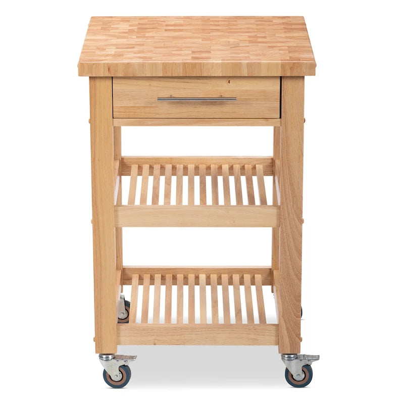 Chariot de cuisine compact avec plateau en bois de bout d'hévéa, 2 étagères et un tiroir