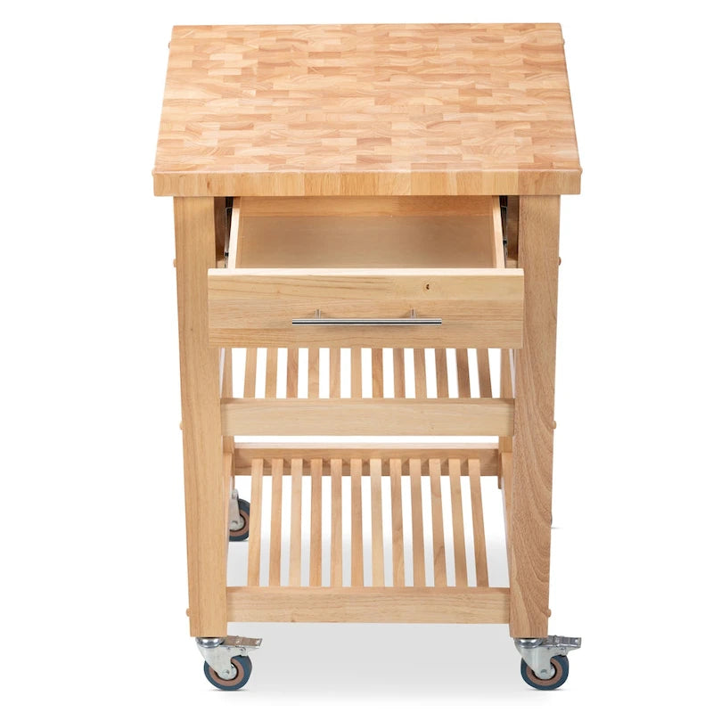 Chariot de cuisine compact avec plateau en bois de bout d'hévéa, 2 étagères et un tiroir