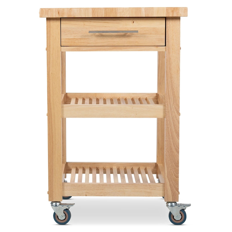 Chariot de cuisine compact avec plateau en bois de bout d'hévéa, 2 étagères et un tiroir