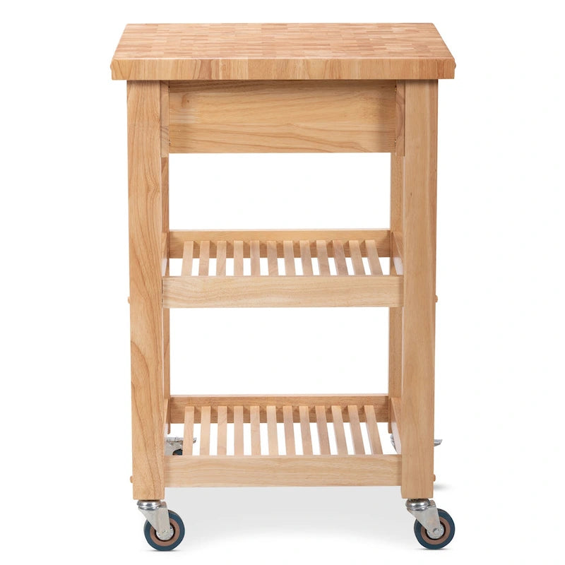 Chariot de cuisine compact avec plateau en bois de bout d'hévéa, 2 étagères et un tiroir