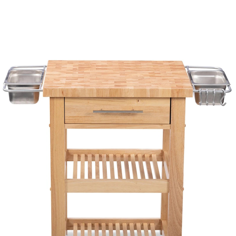 Chariot de cuisine compact avec plateau en bois de bout d'hévéa, 2 étagères et un tiroir