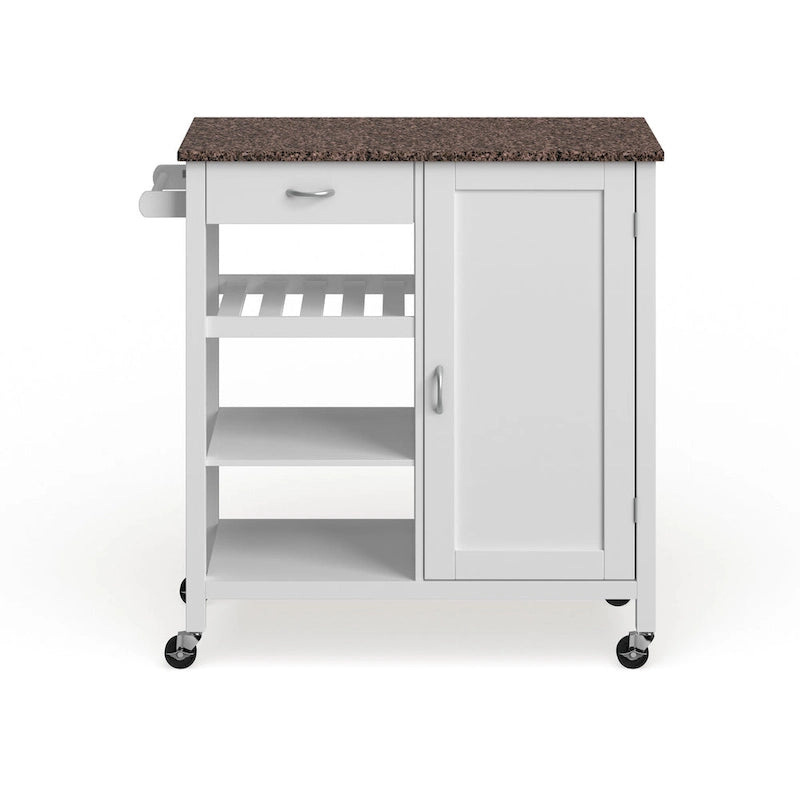 Desserte de cuisine en bois avec plateau imitation granit, 3 étagères, tiroir et placard