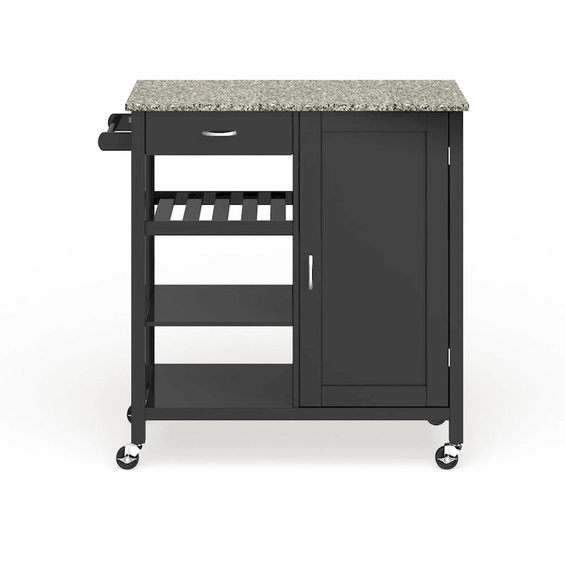 Desserte de cuisine en bois avec plateau imitation granit, 3 étagères, tiroir et placard