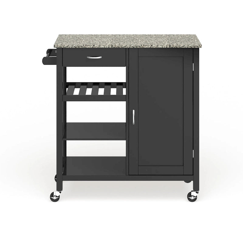 Desserte de cuisine en bois avec plateau imitation granit, 3 étagères, tiroir et placard