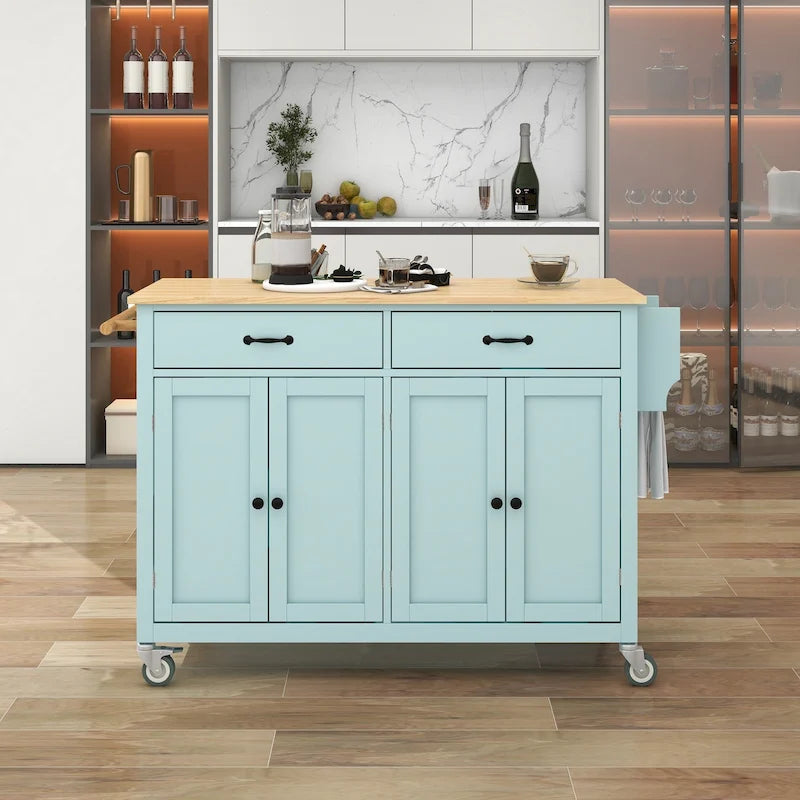Desserte îlot de cuisine en bois massif avec armoire, tiroirs et roulettes verrouillables