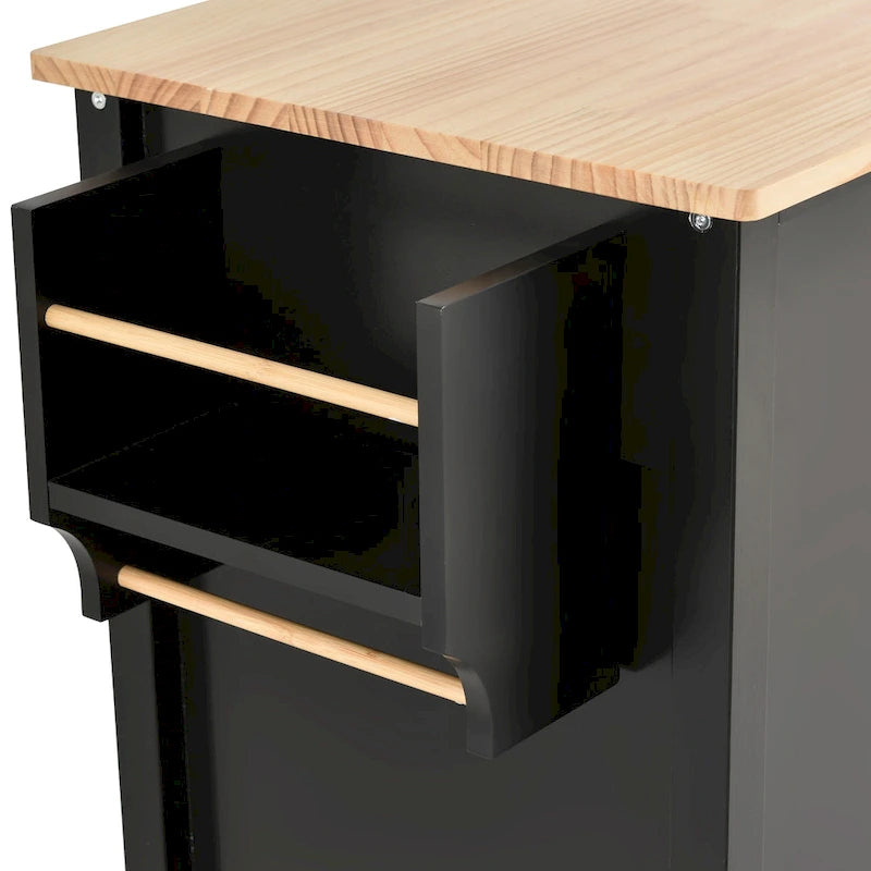 Desserte îlot de cuisine en bois massif avec armoire, tiroirs et roulettes verrouillables