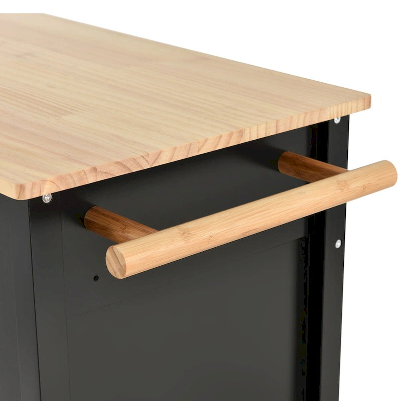 Desserte îlot de cuisine en bois massif avec armoire, tiroirs et roulettes verrouillables