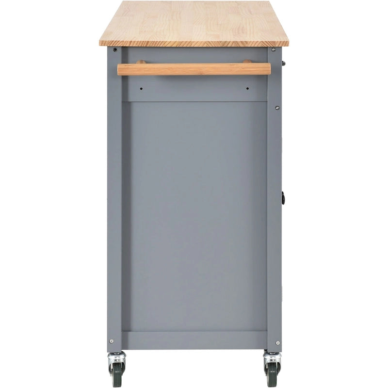 Desserte îlot de cuisine en bois massif avec armoire, tiroirs et roulettes verrouillables