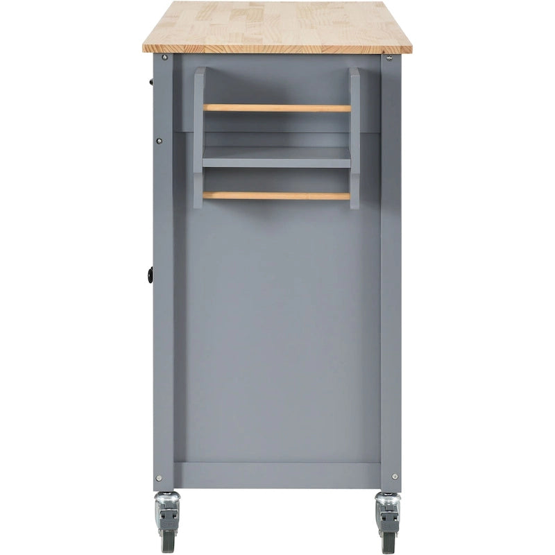 Desserte îlot de cuisine en bois massif avec armoire, tiroirs et roulettes verrouillables