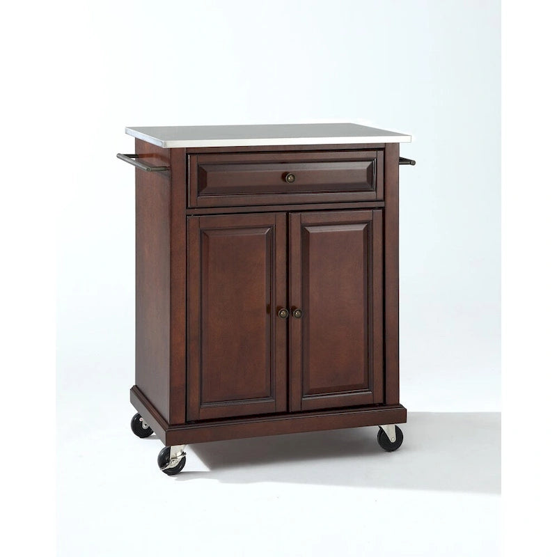 Desserte de cuisine portable avec dessus en acier inoxydable, armoire et tiroir – Marron