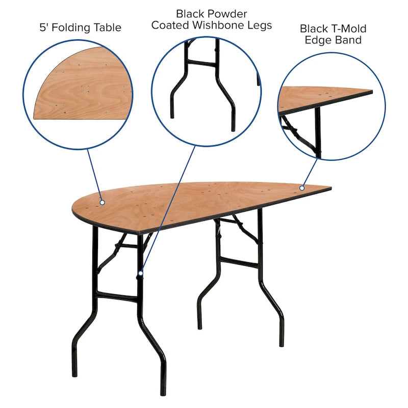 Table de banquet pliante semi-circulaire en contreplaqué, 1,5 m (5 pi), naturell