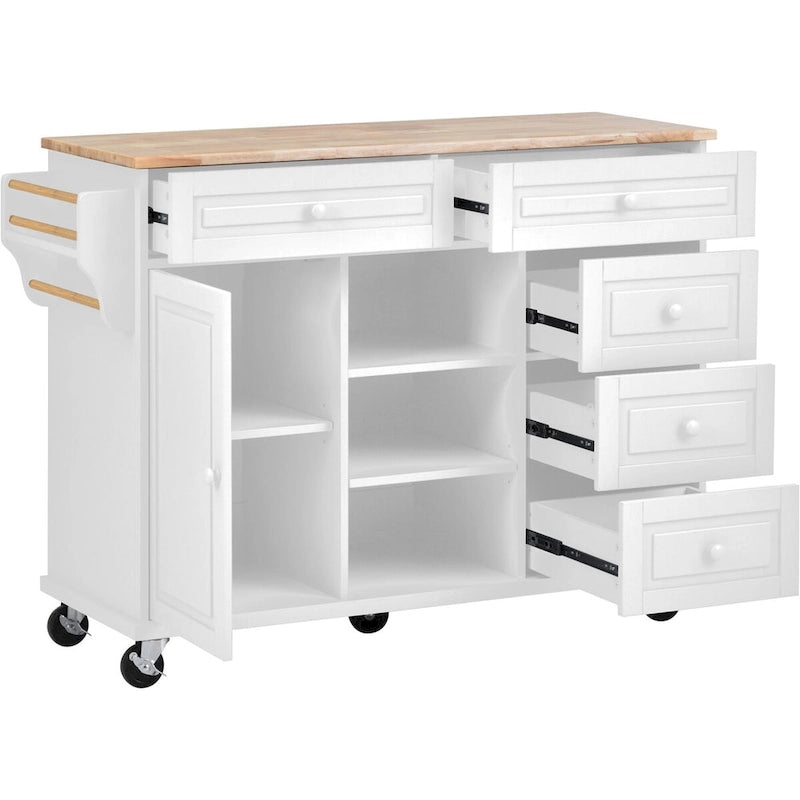Desserte de cuisine en bois d'hévéa blanc avec 5 tiroirs, armoire et roulettes