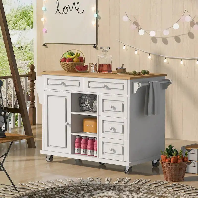 Desserte de cuisine en bois d'hévéa blanc avec 5 tiroirs, armoire et roulettes