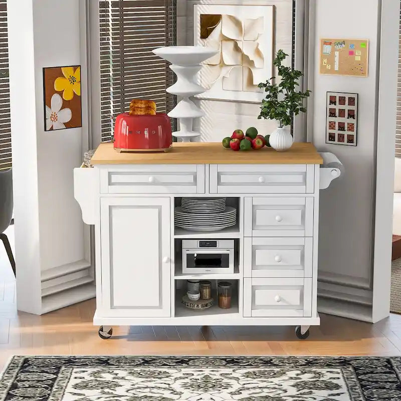 Desserte de cuisine en bois d'hévéa blanc avec 5 tiroirs, armoire et roulettes