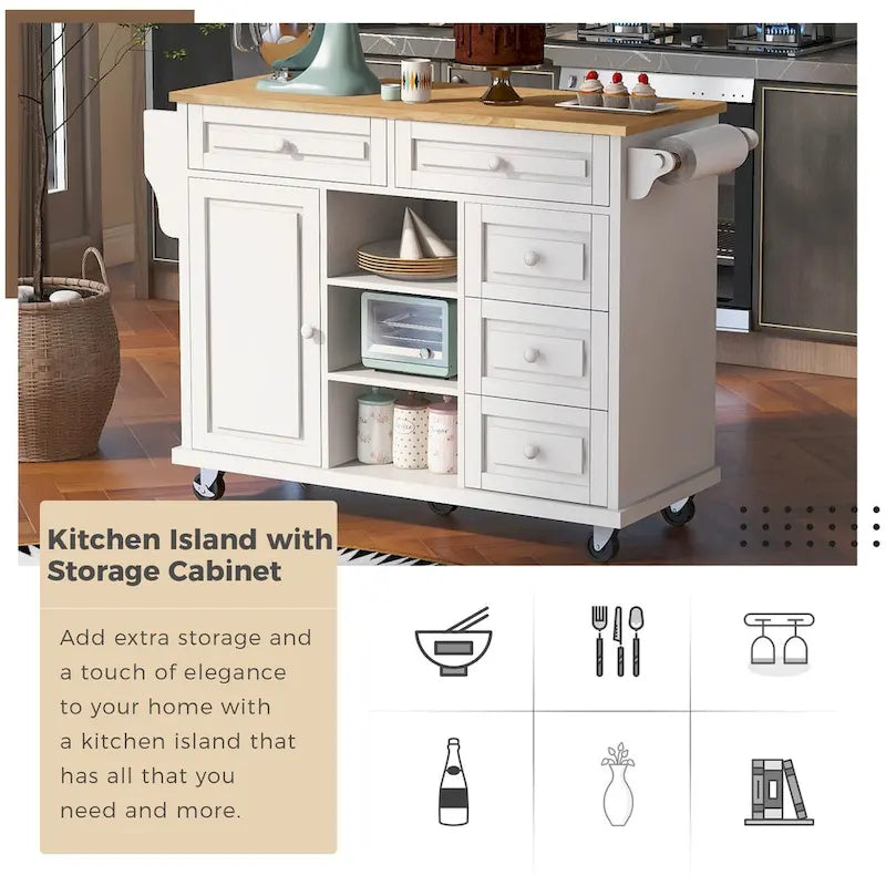 Desserte de cuisine en bois d'hévéa blanc avec 5 tiroirs, armoire et roulettes