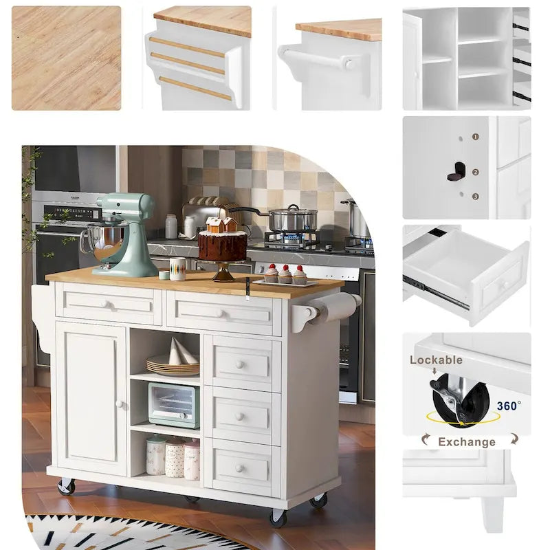 Desserte de cuisine en bois d'hévéa blanc avec 5 tiroirs, armoire et roulettes