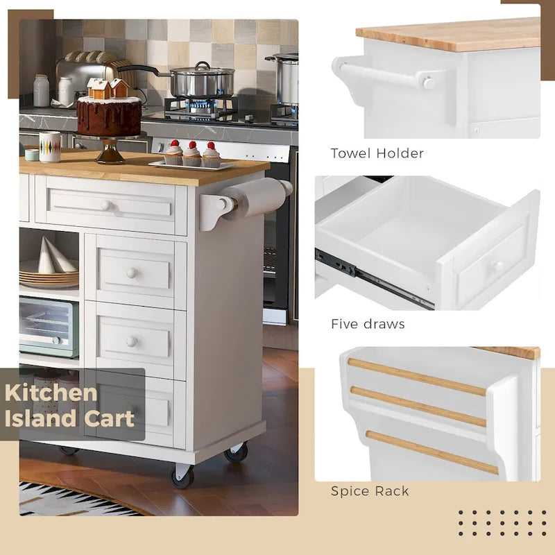Desserte de cuisine en bois d'hévéa blanc avec 5 tiroirs, armoire et roulettes