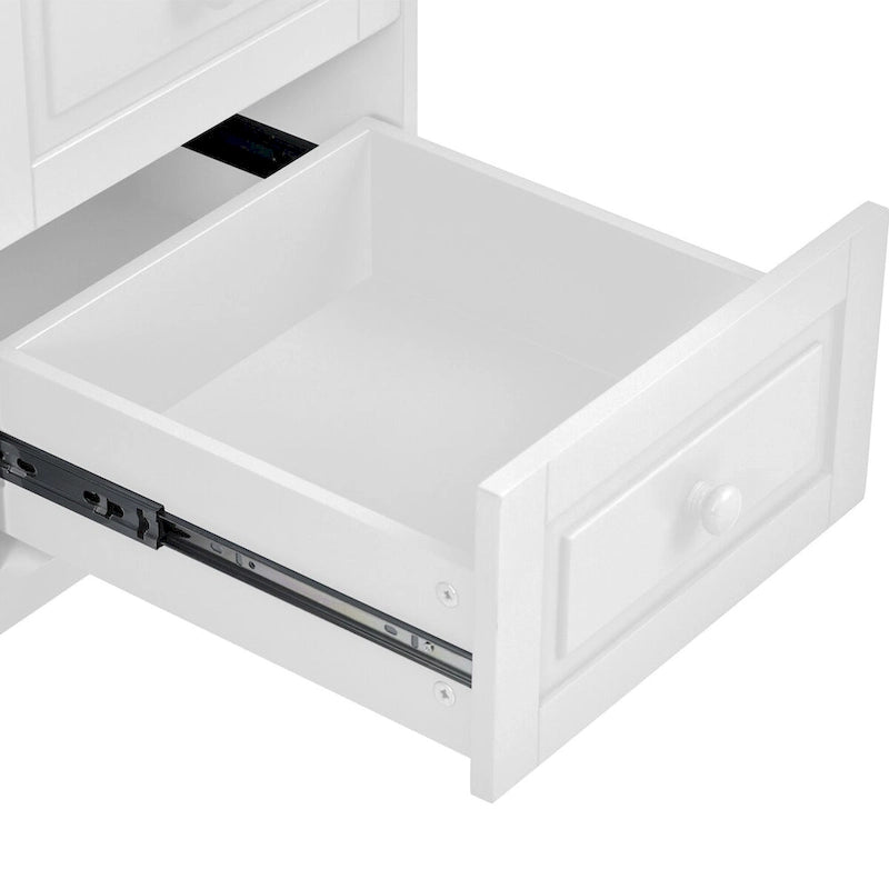 Desserte de cuisine en bois d'hévéa blanc avec 5 tiroirs, armoire et roulettes