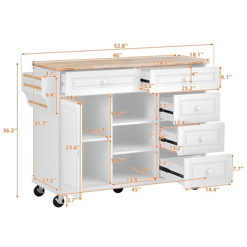 Desserte de cuisine en bois d'hévéa blanc avec 5 tiroirs, armoire et roulettes