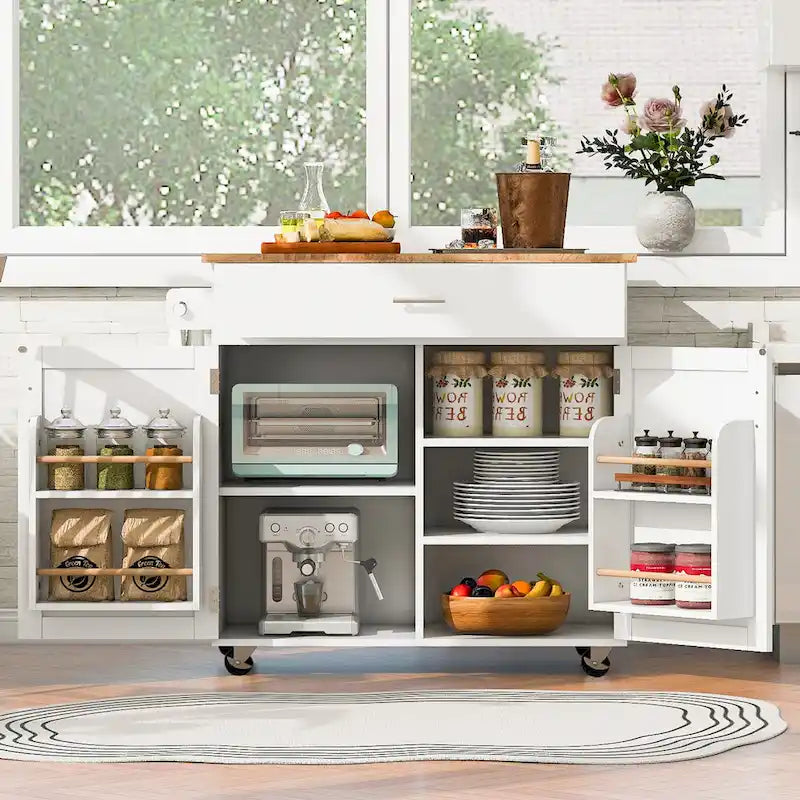 Desserte de cuisine roulante avec abattant, casier de rangement interne et tiroir compartimenté