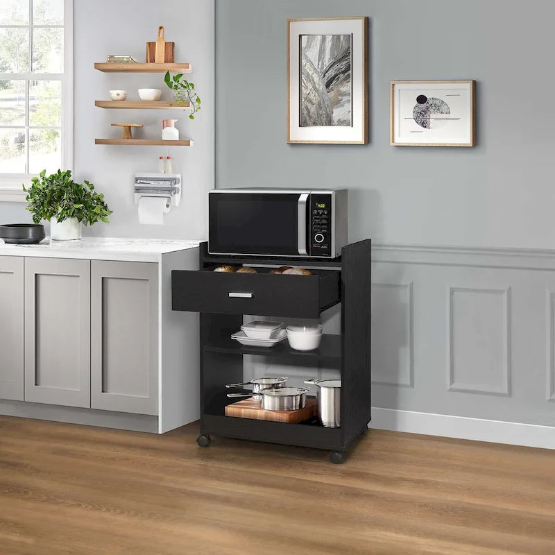 Kitchen Island Microwave Serving Cart Cabinet with Drawer and Shelfs for Storage (Black)