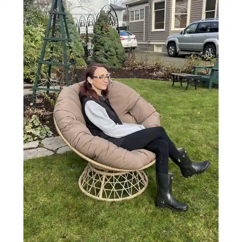 Fauteuil lounge rond pivotant intérieur/extérieur avec coussin, beige