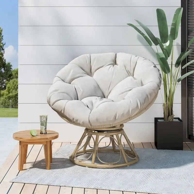 Fauteuil de salon rond pivotant en osier avec coussin capitonné, Marron