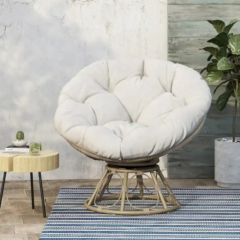 Fauteuil de salon rond pivotant en osier avec coussin capitonné, Marron