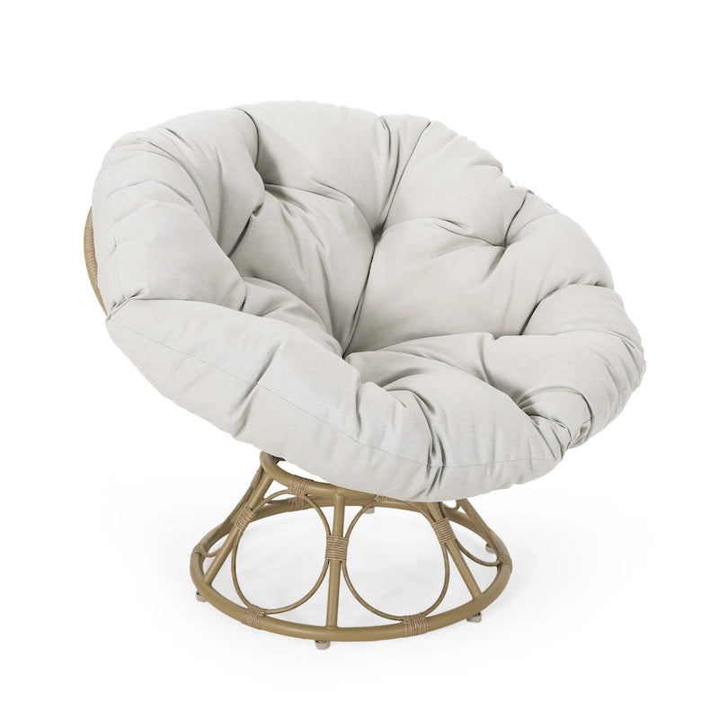 Fauteuil de salon rond pivotant en osier avec coussin capitonné, Marron
