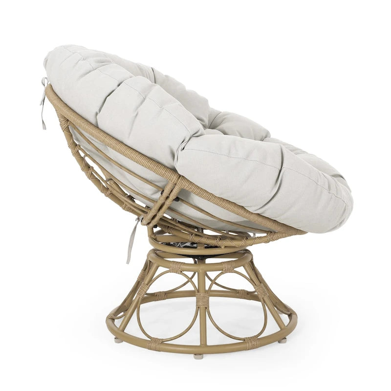 Fauteuil de salon rond pivotant en osier avec coussin capitonné, Marron