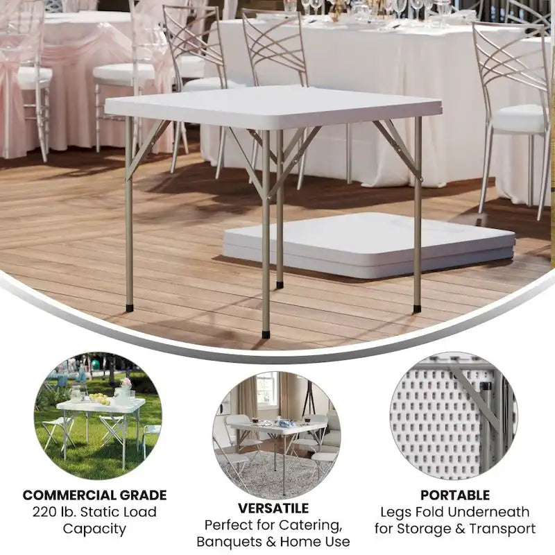 Table pliante carrée en plastique, 86 cm, blanc granit