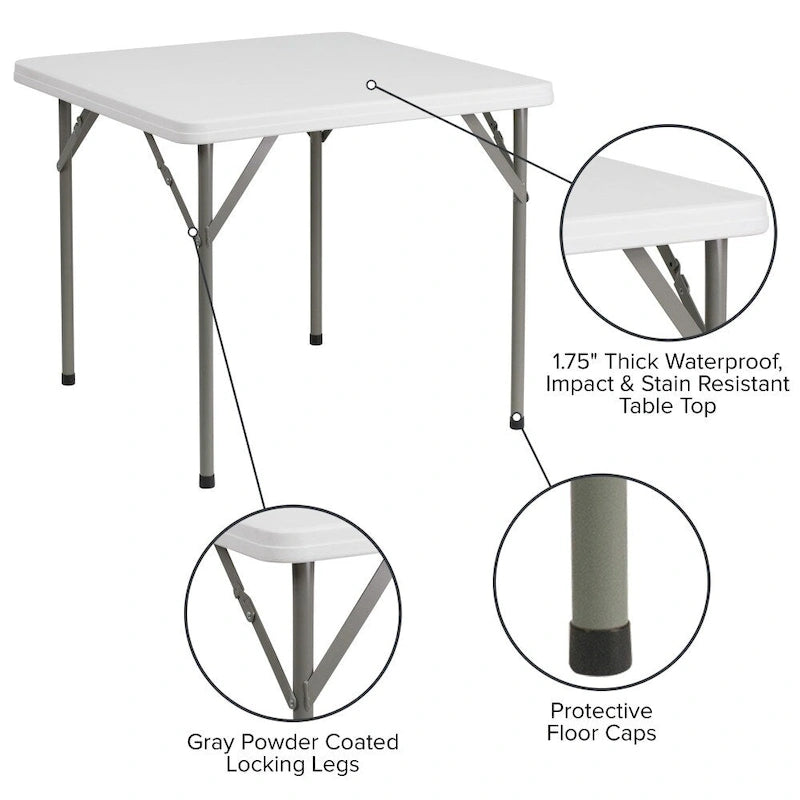 Table pliante carrée en plastique, 86 cm, blanc granit